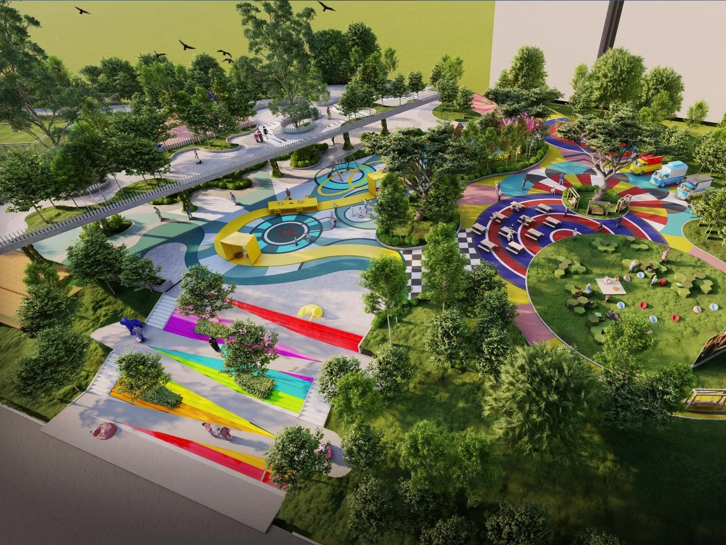Aerial render of the colourful play surfaces and sensory gardens at BSD Park